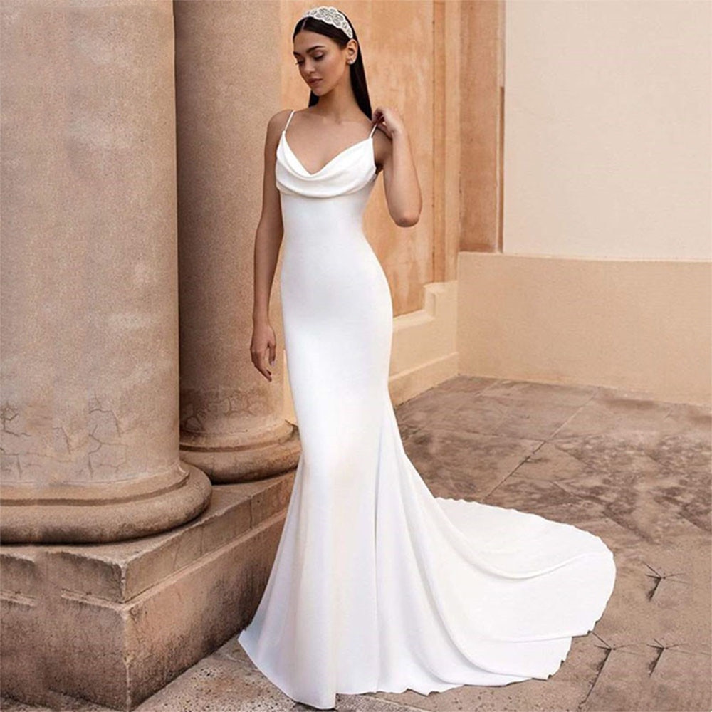 Long Trail Mermaid Wedding Dress – White Satin Spaghetti Strap Bridal Gown