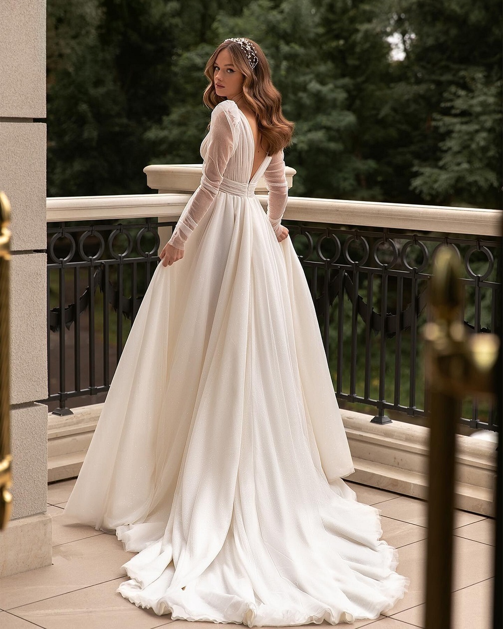 V neck Side slit bridal gown with long trail