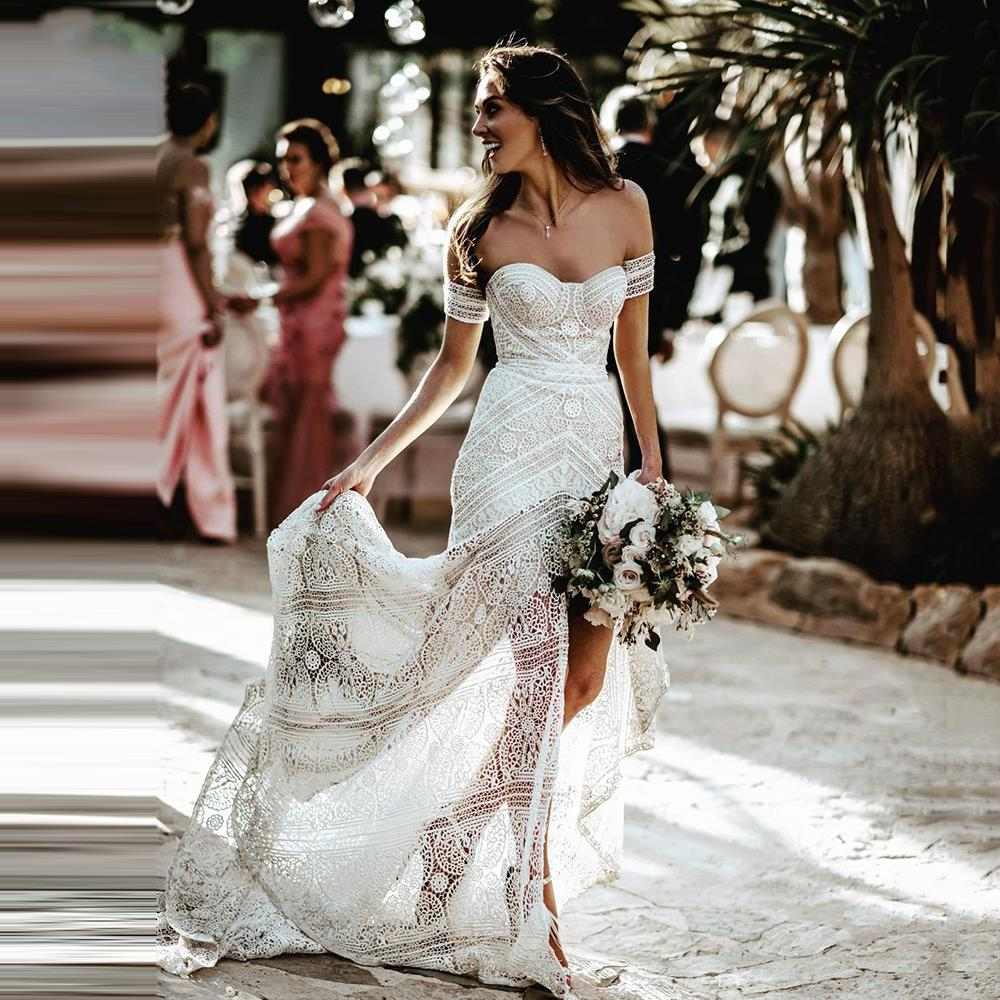 off-the-shoulder trumpet bridal gown with train