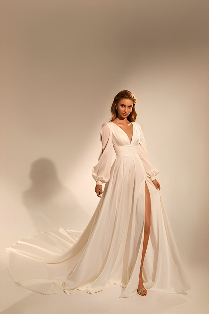 Off-White Plunge Neck Photo Shoot Gown with Trail